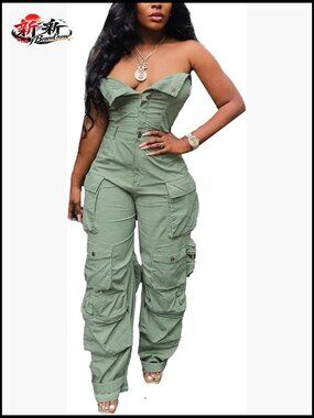 Strapless Denim Jumpsuit Slim Fit Wide Leg Cargo Pockets Polyester Spandex